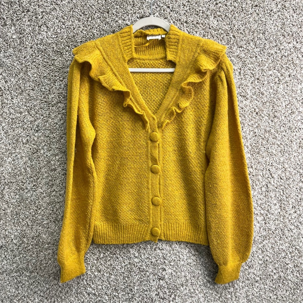 Atelier Rêve Cardigan Sweater Women's L IRsues Yellow Ruffle V-Neck Wool Blend